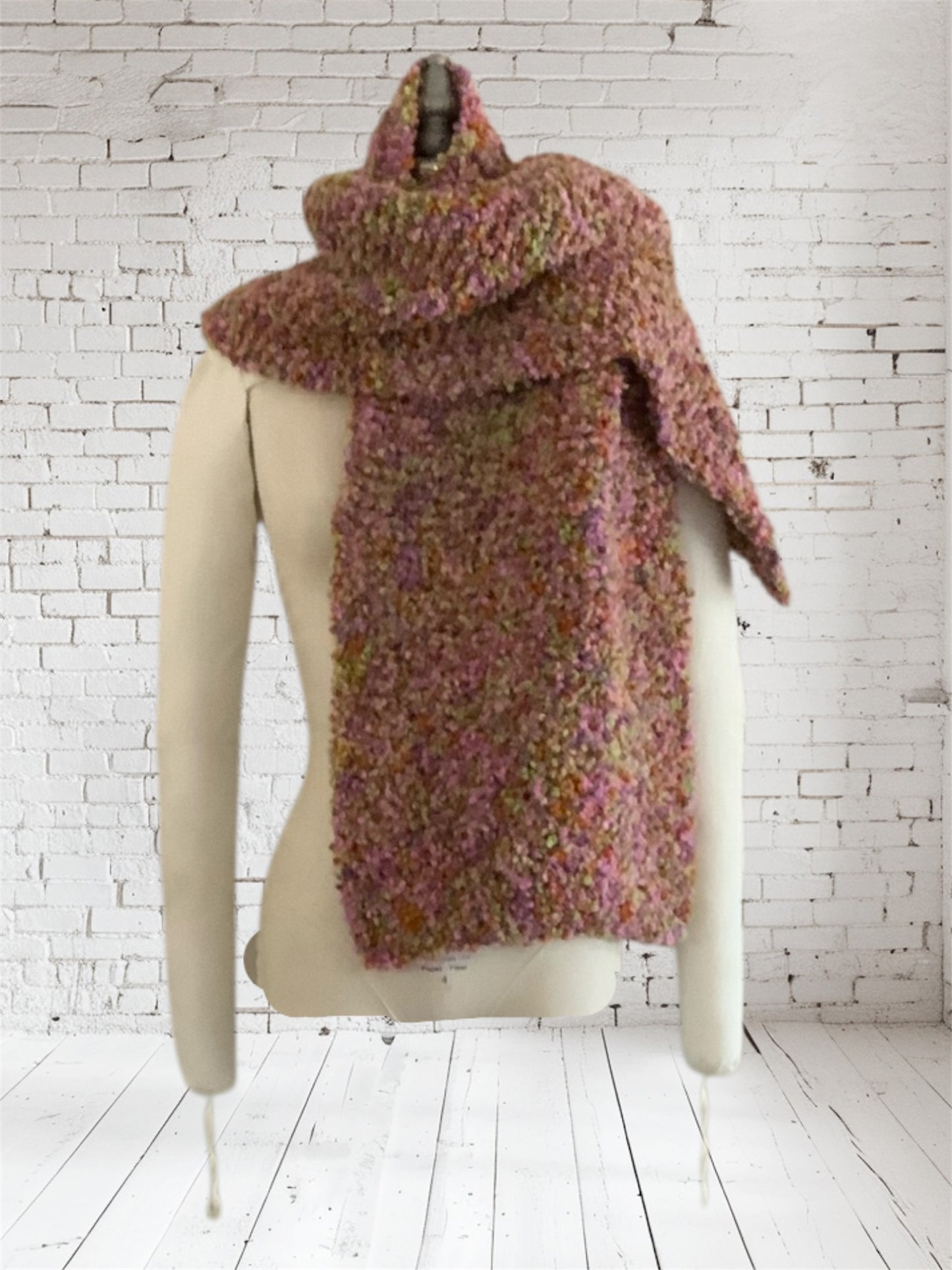 Hand Knit Bulky Scarf - Rose/Olive Boucle